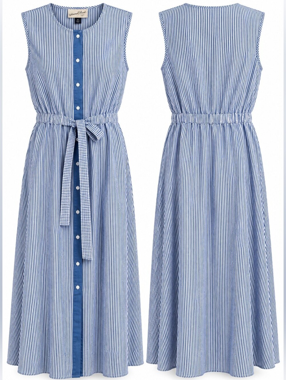 NWT Universal Thread Blue White Stripe Button Front Midi Dress Belt M Nautical